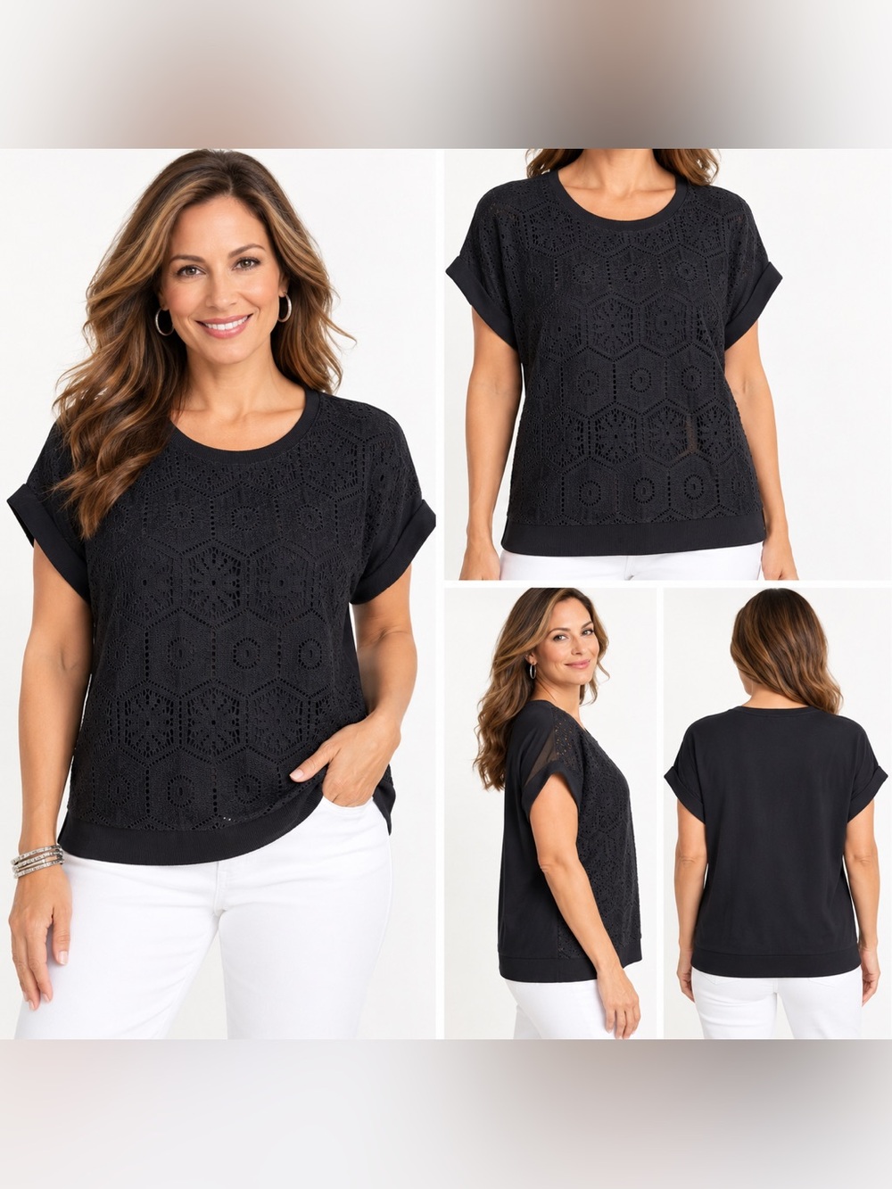 Chico’s Size 2 Large Black Crochet Lace Front Short Sleeve Top